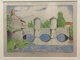 drawing of a bridge over a river with a building in the background