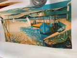 a picture of a painting of boats on the beach