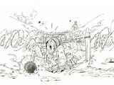 drawing of a man in a cage in the middle of a field