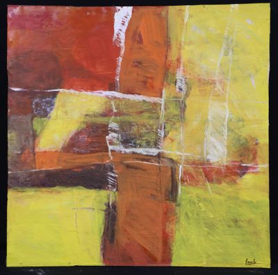 une peinture abstraite représentant une croix sur un fond jaune et rouge