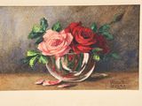 a painting of roses in a glass vase on a table