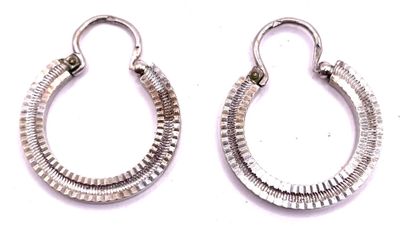 une paire de boucles d'oreilles créoles en argent sur fond blanc
