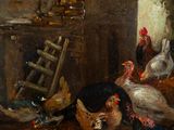 an image of a painting of chickens and chickens in a barn