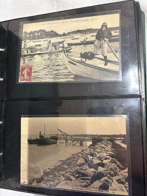 two black and white photos of a man and a boat