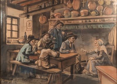une peinture représentant un groupe de personnes assises autour d'une table