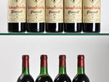 six bottles of wine sit on a glass shelf in front of a white background
