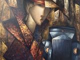 un tableau représentant une femme en chapeau et manteau, avec une voiture