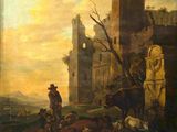 painting of a painting of a man and animals in front of a castle