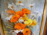 a painting of flowers in a vase on a table