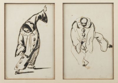two framed drawings of a man and a woman playing tennis
