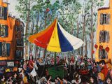 un tableau représentant une scène de cirque avec des personnages en arrière-plan