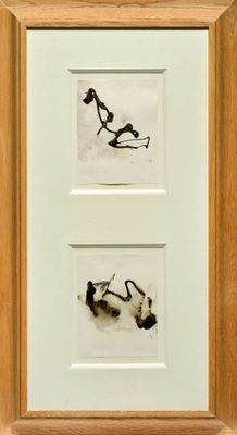 two framed photographs of a cat and a dog in a wood frame