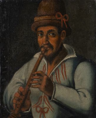un vieux tableau représentant un homme tenant une flûte à la main