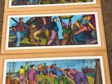 three paintings of people working on a field with a sky background