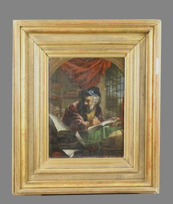 an old painting of a man reading a book in a room