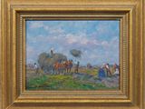 a painting of a group of people with horses in a field