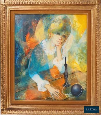 tableau représentant une femme assise à une table avec une bouteille de vin