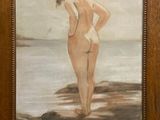 painting of a woman in a bathing suit standing on a beach