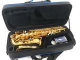 a saxophone in a case on a white surface