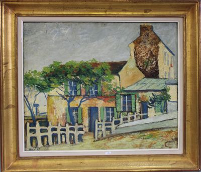 une image représentant un tableau d'une maison avec une clôture devant