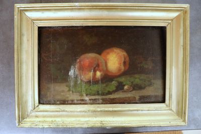 tableau représentant deux pêches dans un cadre doré posé sur une table