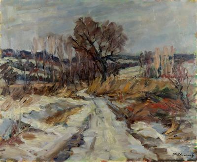 une image représentant un tableau d'un chemin de terre sous la neige