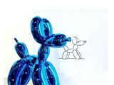 une statue représentant un chien en ballon bleu à côté d'un dessin représentant un chien