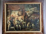 tableau représentant un groupe d'hommes assis autour d'une table dans une pièce