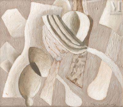 un tableau représentant un chapeau, une cuillère et d'autres objets posés sur une table