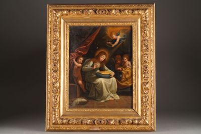 a painting of a woman holding a child in a gold frame
