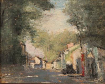 an oil painting of a street scene with a car parked on the side of the road