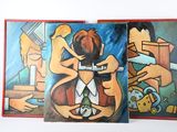 three paintings of a man and a woman sitting on a couch