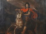 an old painting of a man on a horse with a red cape