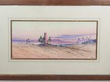 framed watercolor painting of a desert landscape with palm trees in the foreground