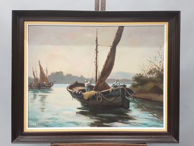une image d'un tableau représentant un bateau dans l'eau