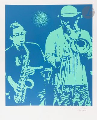 blue and green image of two men playing saxophones in front of a blue background
