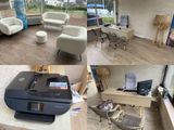 many different pictures of a living room with a printer on the table