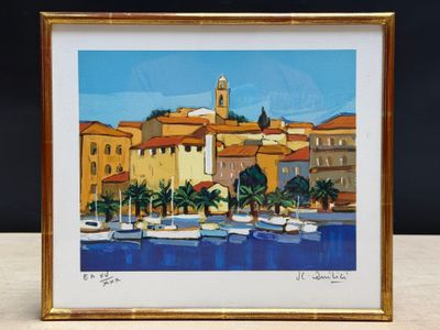 une image d'une peinture de bateaux dans un port
