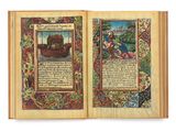 an open book with a picture of a man in a boat on it