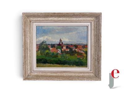 une peinture à l'huile d'un paysage avec une église au loin