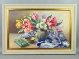 a painting of flowers in a vase on a table