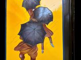 tableau représentant une femme tenant un parapluie sous la pluie, devant un fond jaune