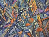 peinture abstraite représentant un vase avec des oranges et un pichet posés sur une table