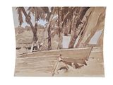 a picture of a painting of a boat on the beach