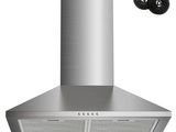 un gros plan d'une hotte de cuisine en acier inoxydable équipée de deux boutons