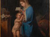 une peinture à l'huile représentant une femme tenant un enfant sur ses genoux