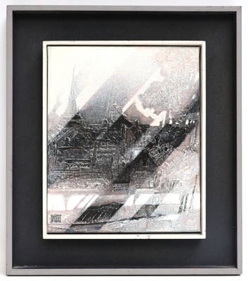 painting of a train traveling down a track in a black frame