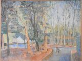 a painting of a man riding a bike in a park