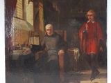 an old painting of two men in a room with a cat