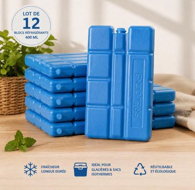 pack of 12 blue ice packs sitting on top of a wooden table
